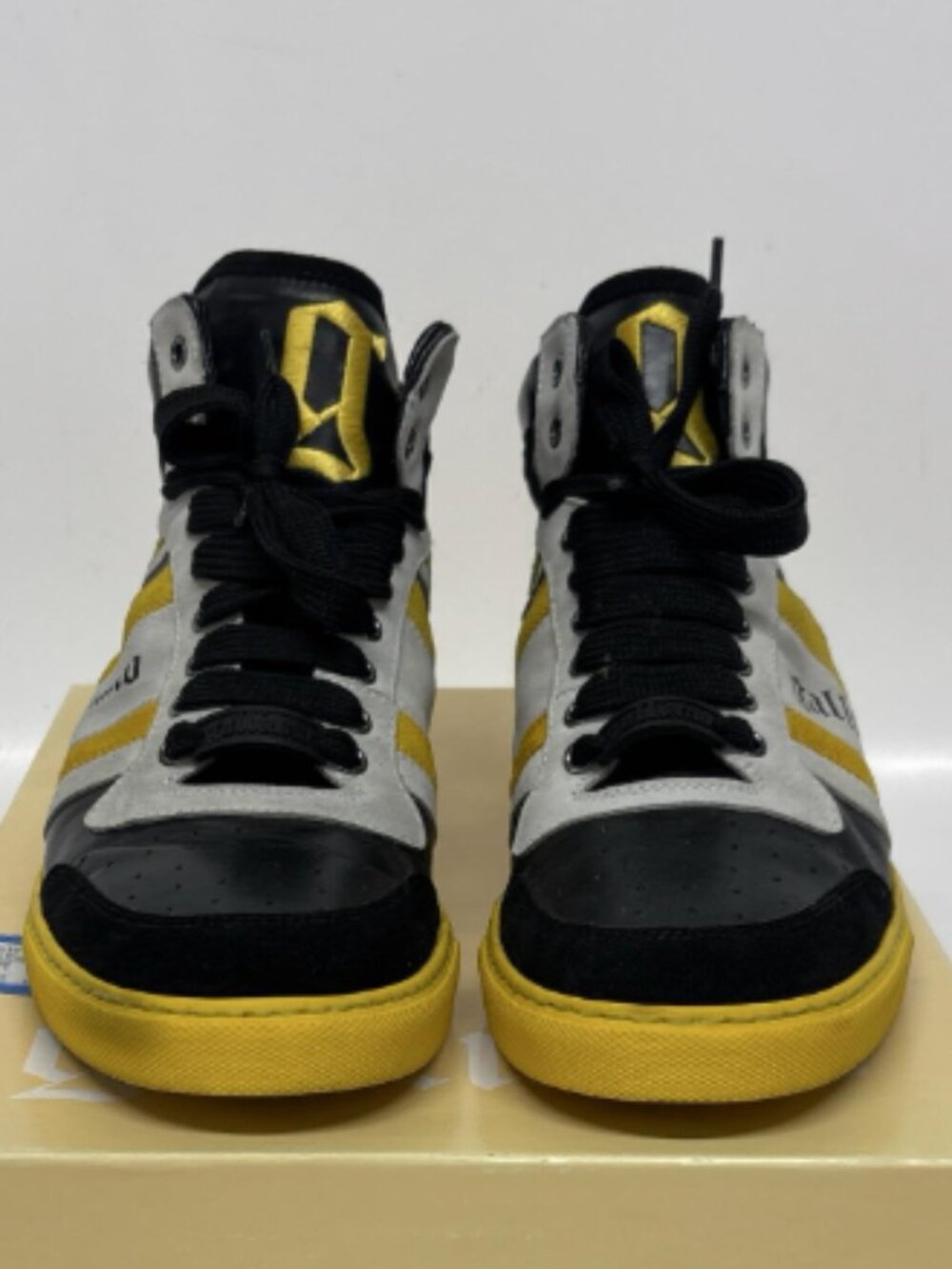John Galliano Barnos Black Yellow Leather High Top Sneakers Made in Italy Size 4